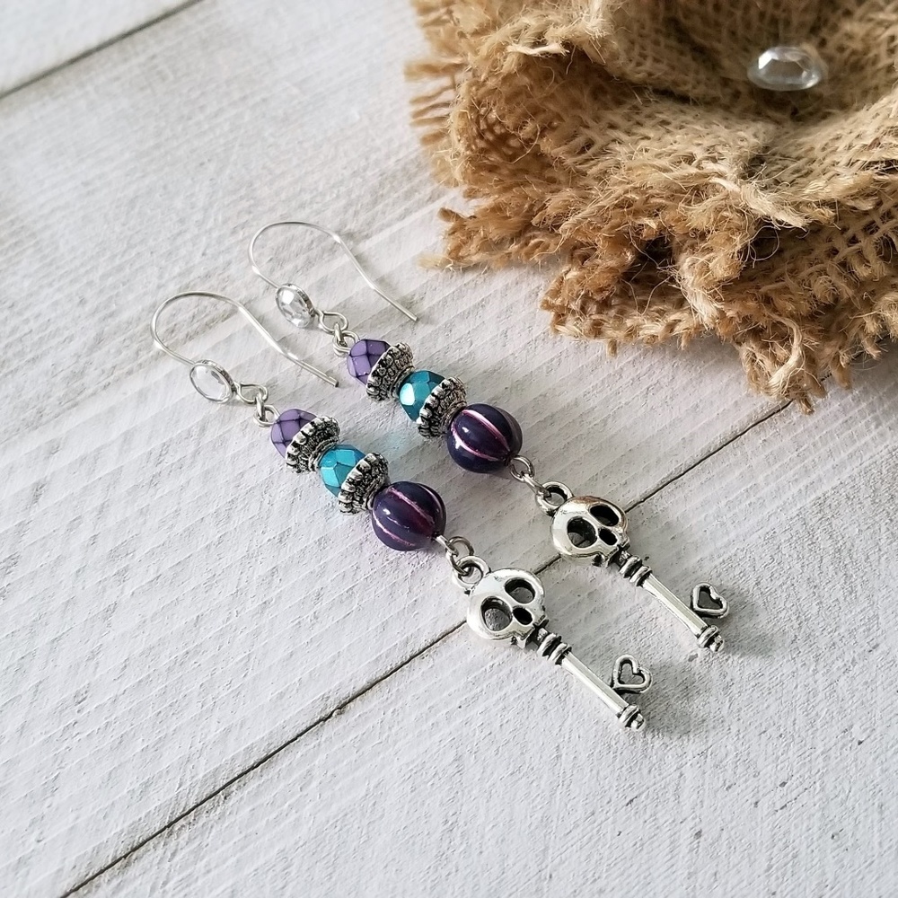 Sugar Skull Key Charms Silver Plated Earrings